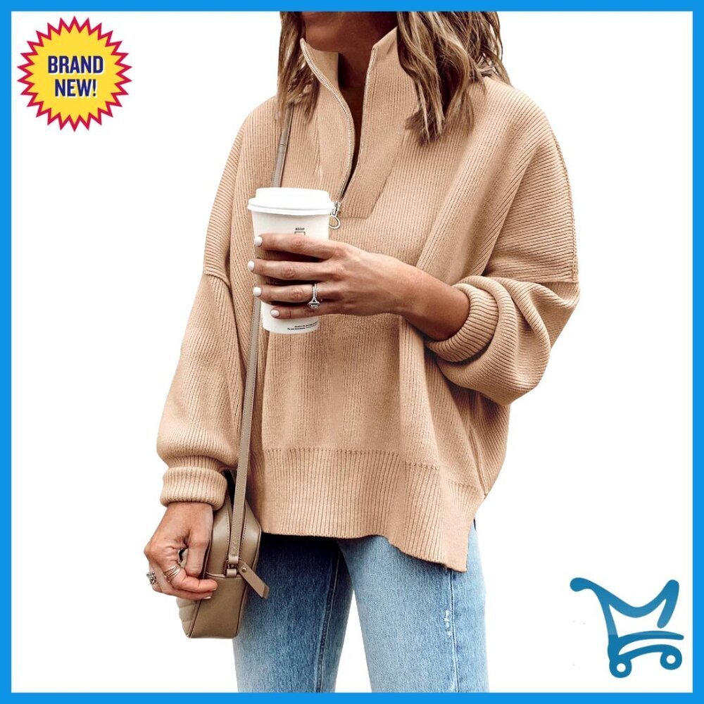 Oversized Ribbed Knit Pullover Quarter Zip Slouchy Tunic Sweater Chic